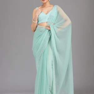 Sea Green Chiffon Silver Stonework Saree With Matching Blouse Piece